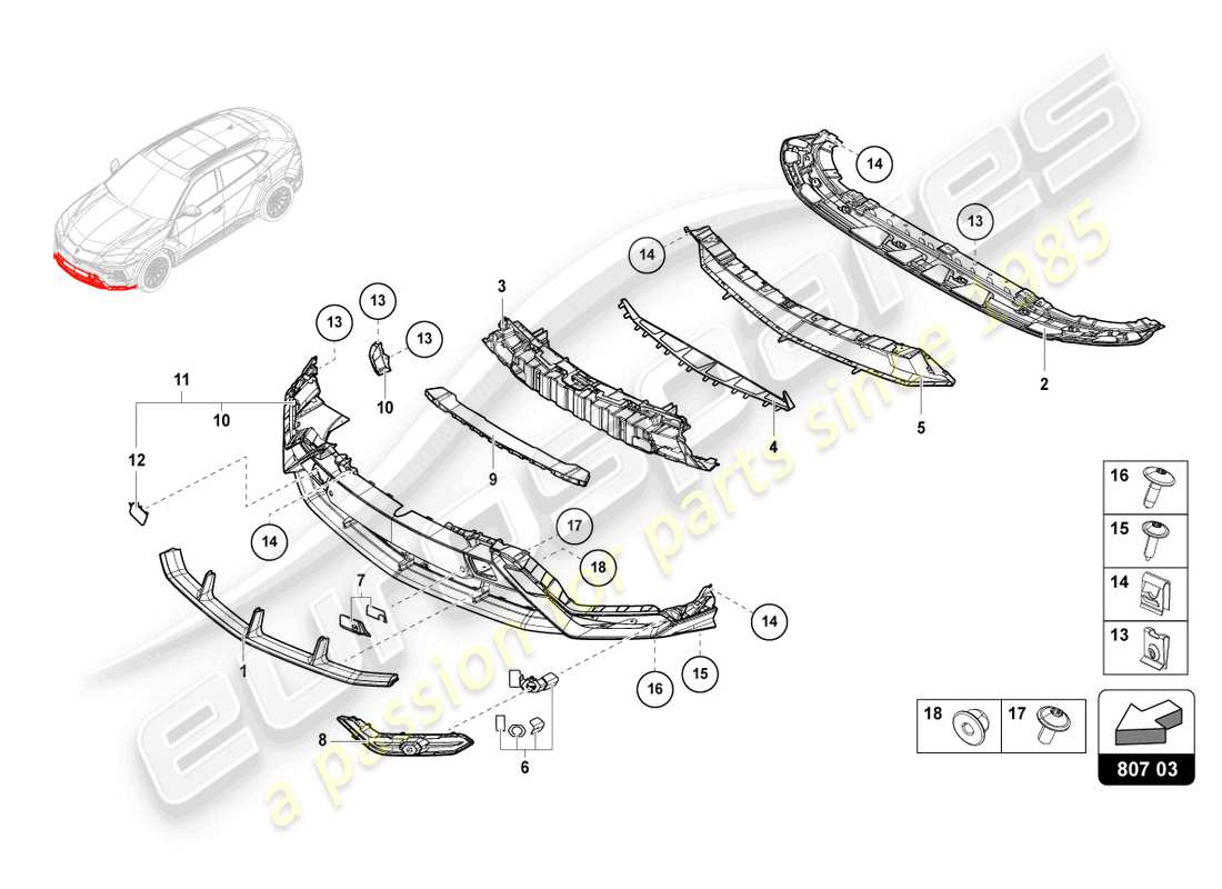 lamborghini urus performante (2023) parachoques, estándar completo diagrama de piezas