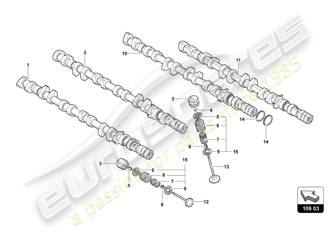 lamborghini sian (2020) árbol de levas, válvulas diagrama de piezas