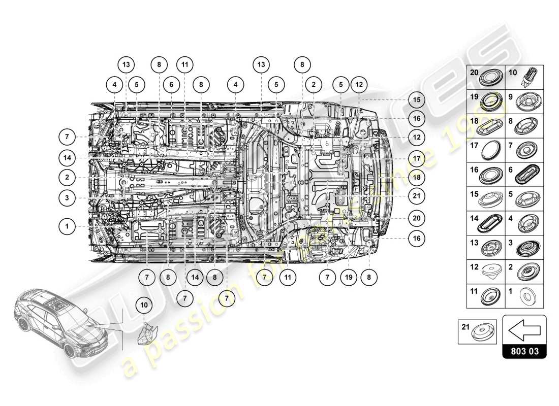 lamborghini urus performante (2023) diagrama de piezas del juego de tapones de sellado