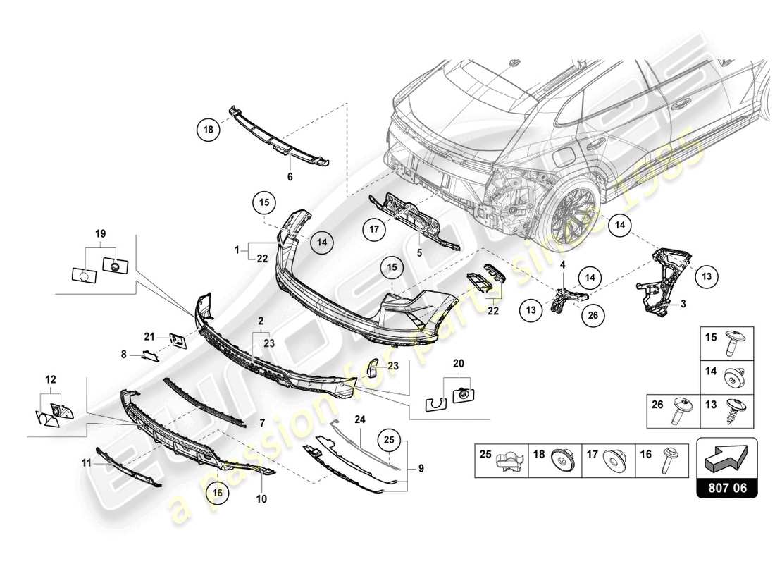 lamborghini urus performante (2023) parachoques trasero completo diagrama de pieza