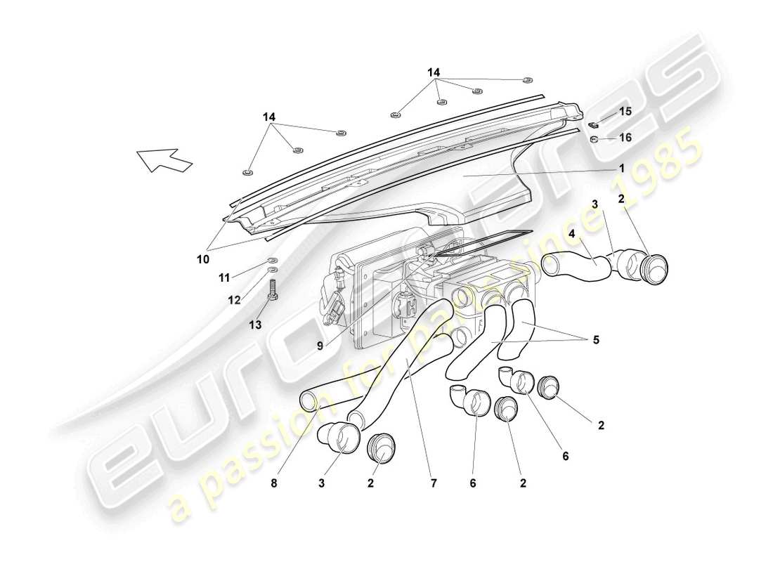 lamborghini reventon conductos de calentadores de aire y pies, mangueras de aire y ventilaciones diagrama de piezas
