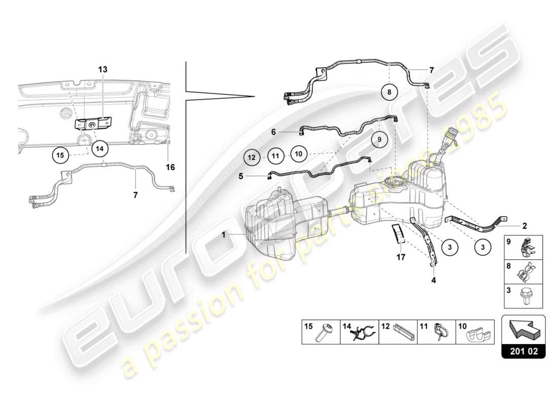 lamborghini evo coupe (2023) para sujetadores de la línea de combustible y del tanque de combustible diagrama de piezas