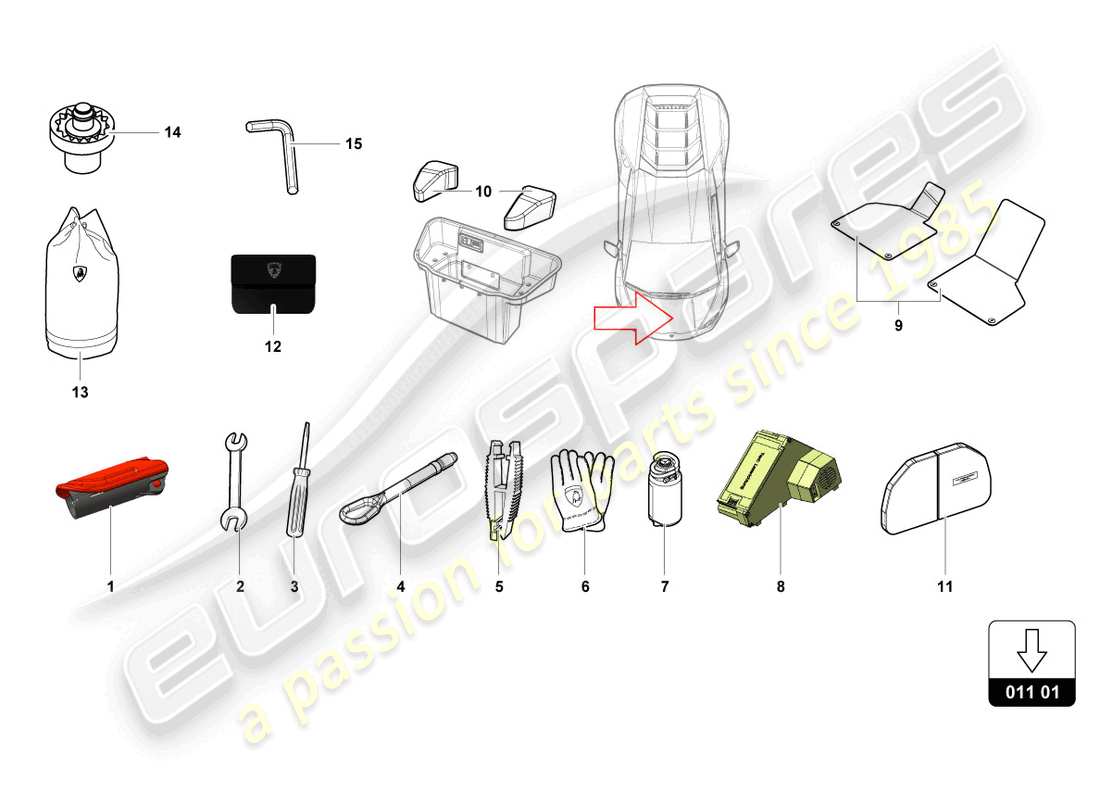 lamborghini evo coupe (2023) herramientas del vehículo diagrama de piezas