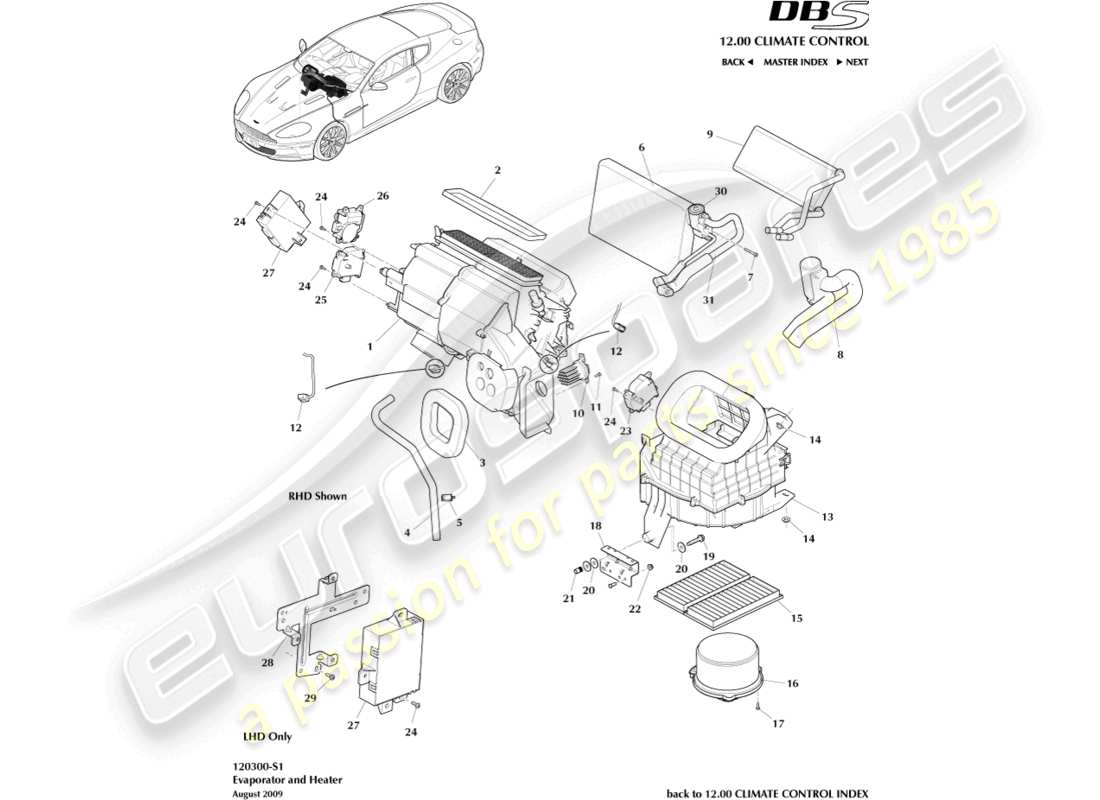 aston martin dbs (2008) evaporador y calentador diagrama de piezas
