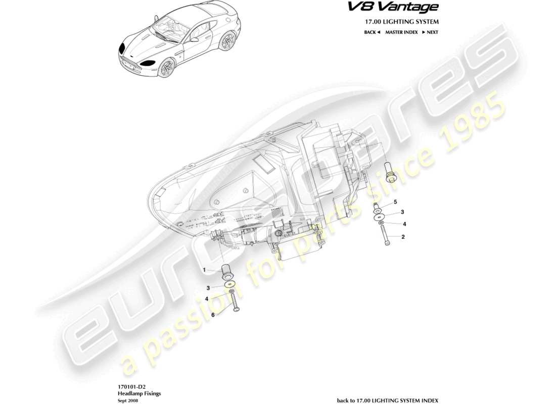 aston martin v8 vantage (2012) diagrama de piezas de fijaciones de faros