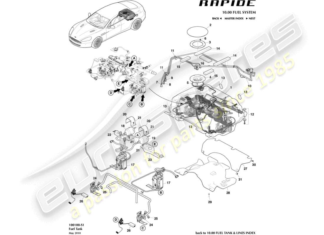 aston martin rapide (2013) conjunto del tanque de combustible diagrama de piezas