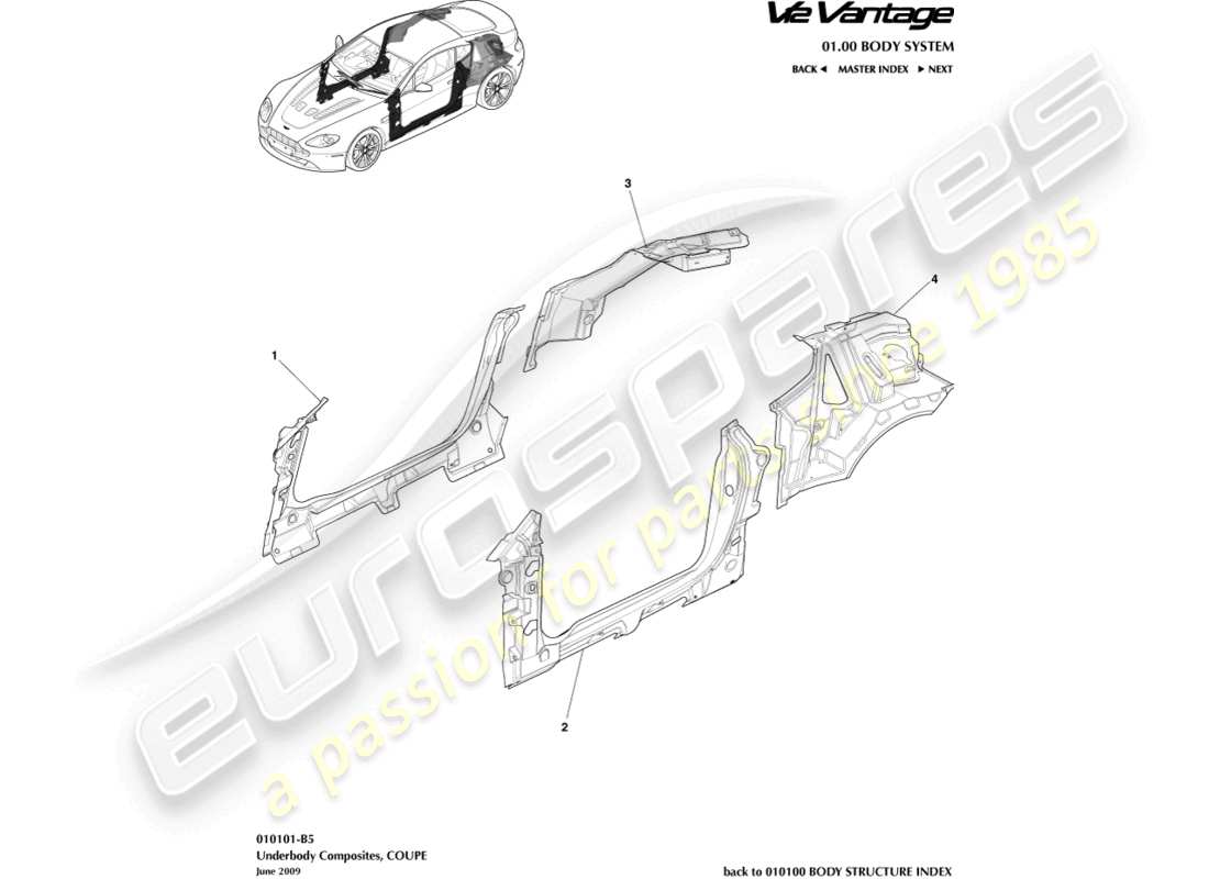aston martin v12 vantage (2012) compuestos para bajos, diagrama de piezas del cupé
