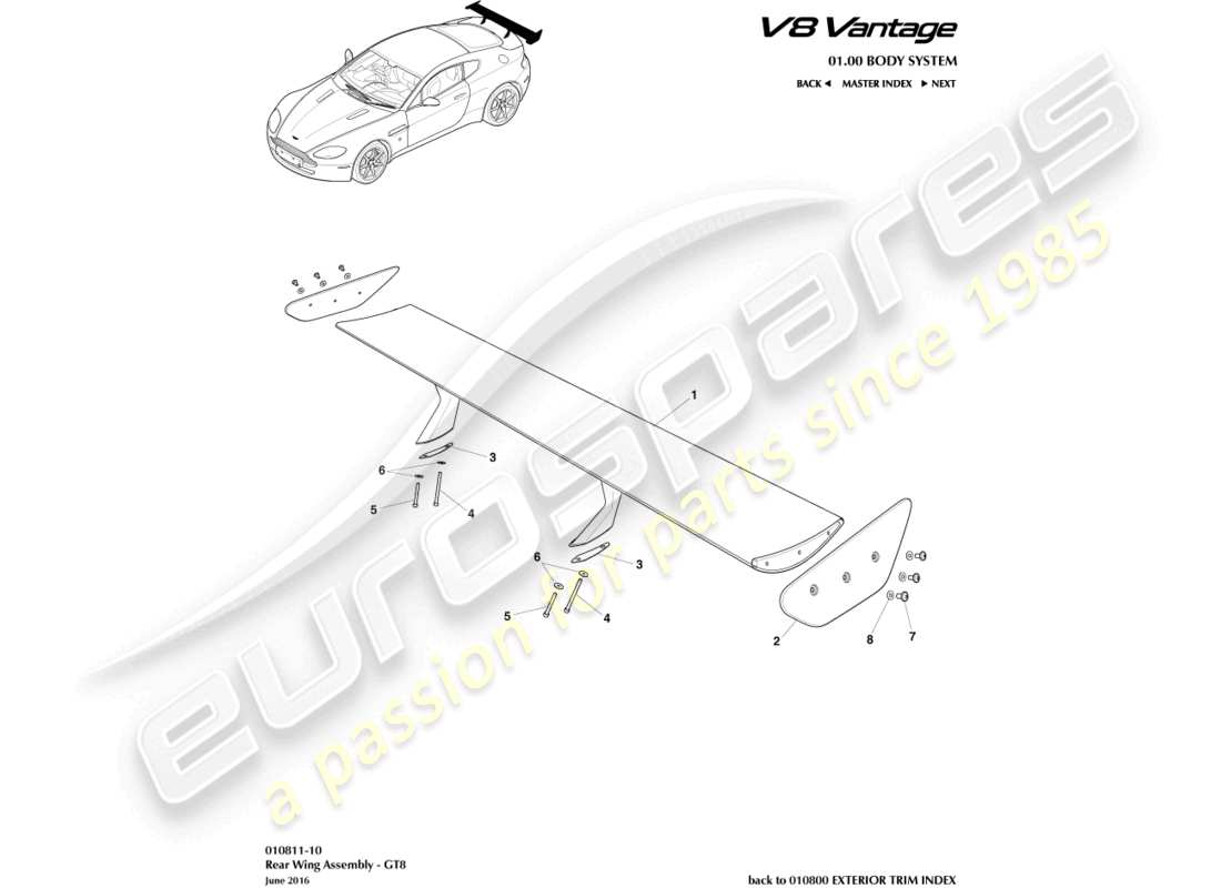 aston martin v8 vantage (2006) diagrama de piezas del spoiler trasero
