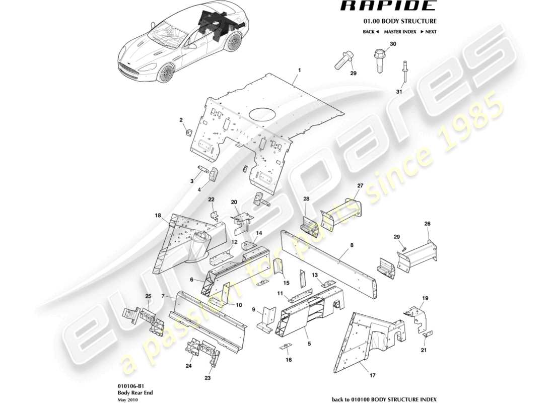 aston martin rapide (2018) diagrama de piezas del extremo trasero de la carrocería