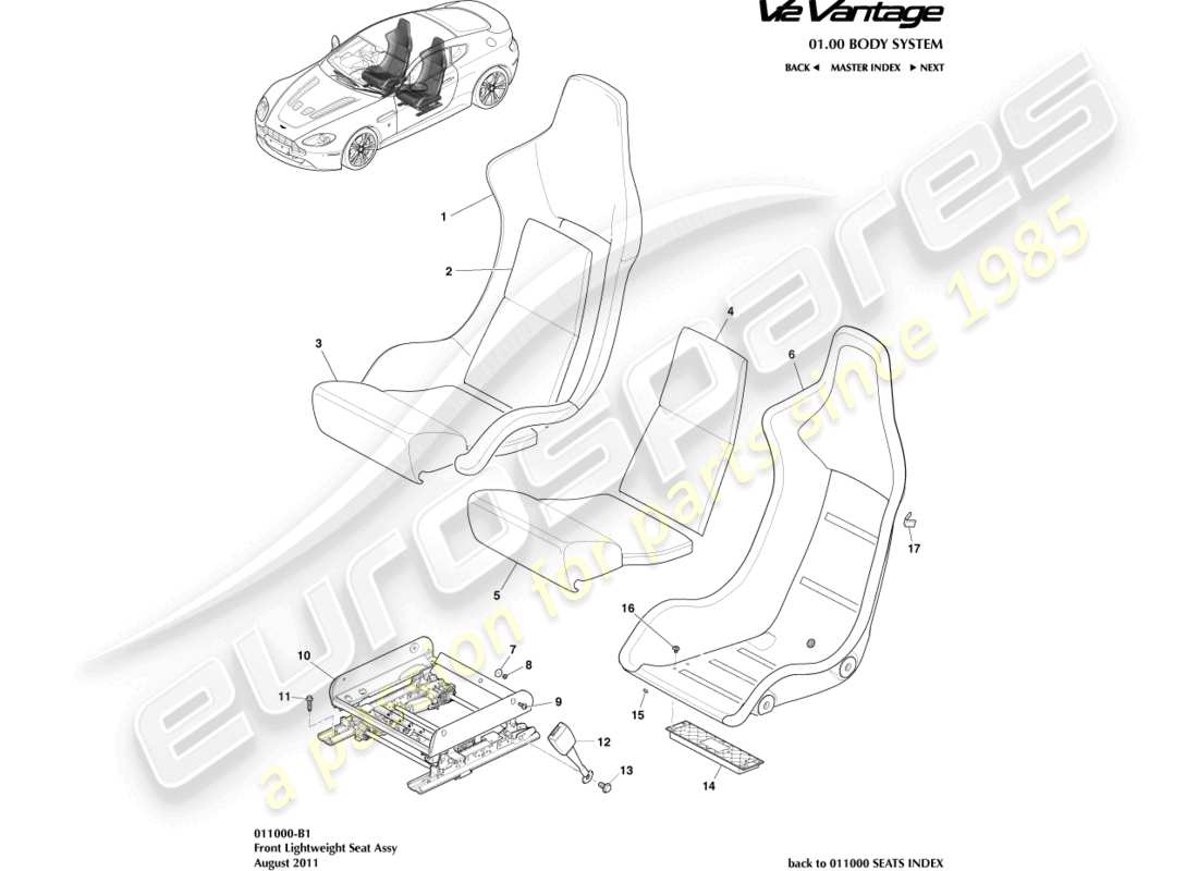 aston martin v12 vantage (2013) diagrama de piezas del asiento delantero liviano