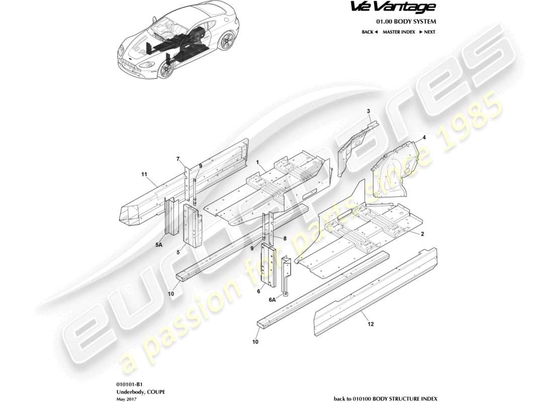 aston martin v12 vantage (2013) diagrama de piezas de debajo de la carrocería, cupé