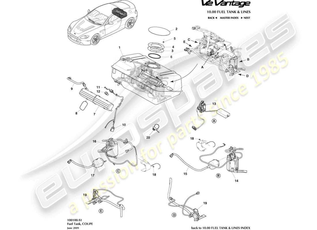 aston martin v12 vantage (2013) conjunto del tanque de combustible, diagrama de piezas del cupé
