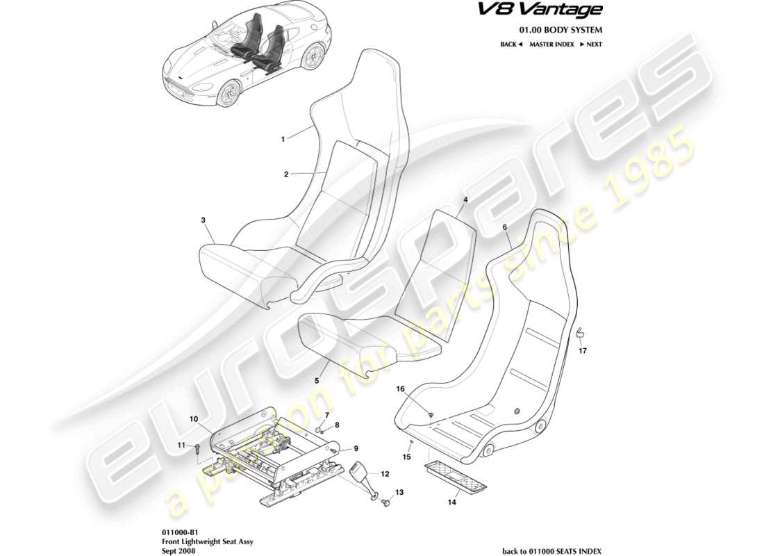 aston martin v8 vantage (2006) diagrama de piezas del asiento delantero liviano
