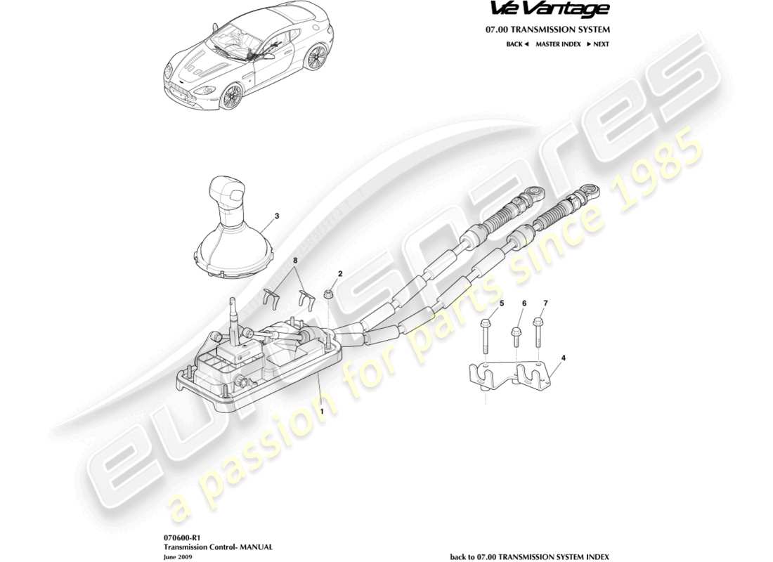 aston martin v12 vantage (2013) conjunto de palanca de cambios, diagrama de piezas del manual
