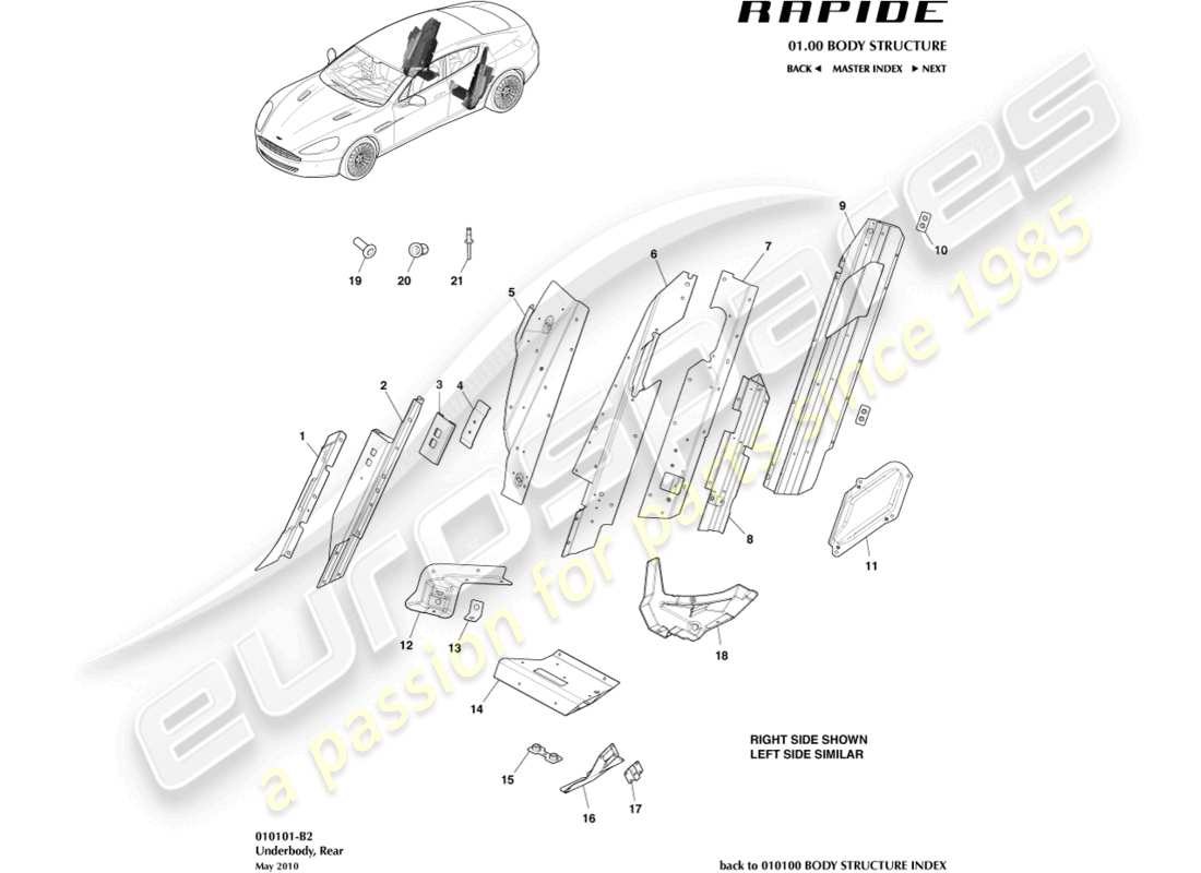 aston martin rapide (2018) diagrama de parte inferior y trasera