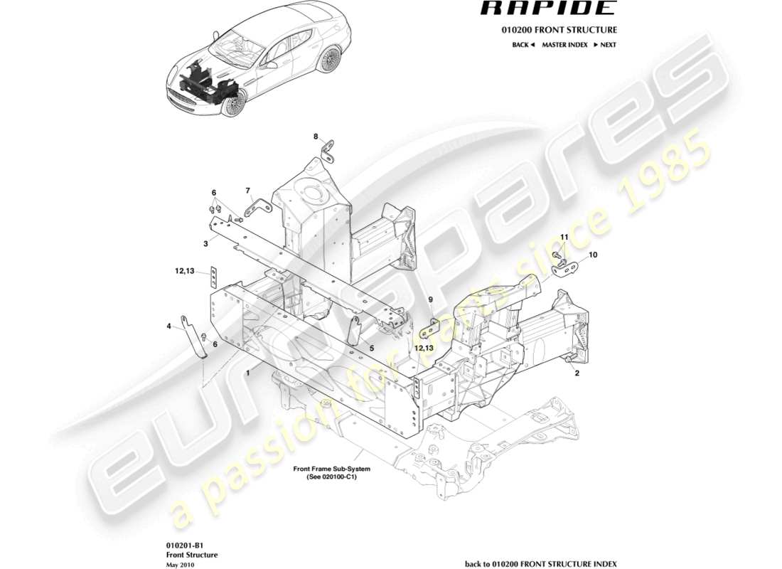 aston martin rapide (2018) diagrama de piezas de la estructura frontal