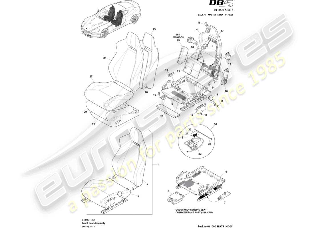aston martin dbs (2012) diagrama de piezas del asiento delantero