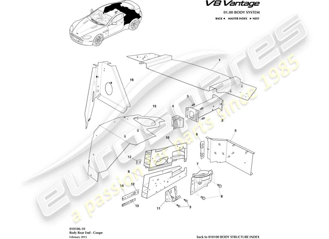aston martin v8 vantage (2018) parte trasera de la carrocería, diagrama de piezas del cupé