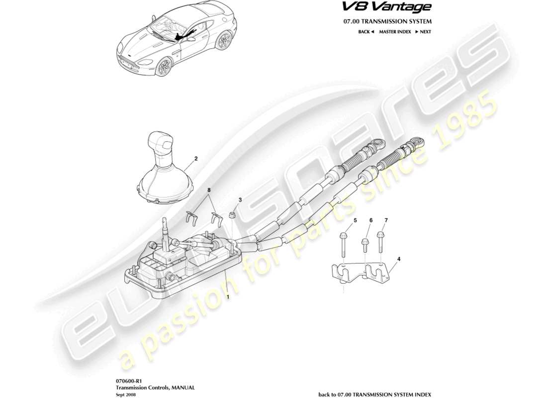 aston martin v8 vantage (2018) conjunto de palanca de cambios, diagrama de piezas del manual