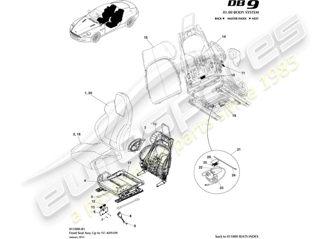 aston martin db9 (2008) diagrama de pieza del asiento delantero a (v) a09109
