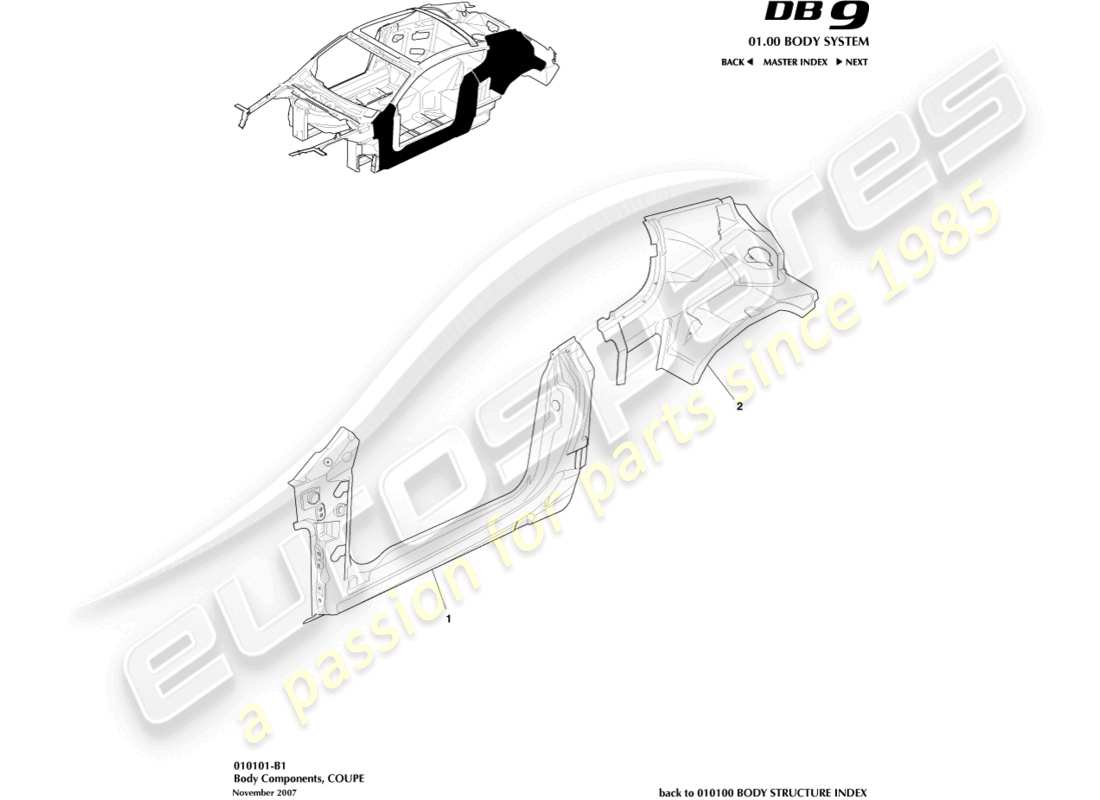 aston martin db9 (2008) componentes de la carrocería, diagrama de piezas del cupé