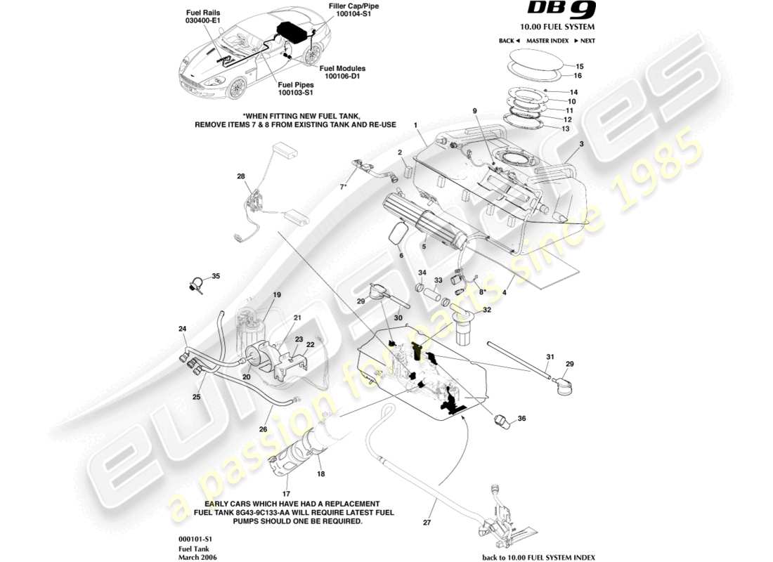 aston martin db9 (2008) diagrama de piezas del conjunto del tanque de combustible