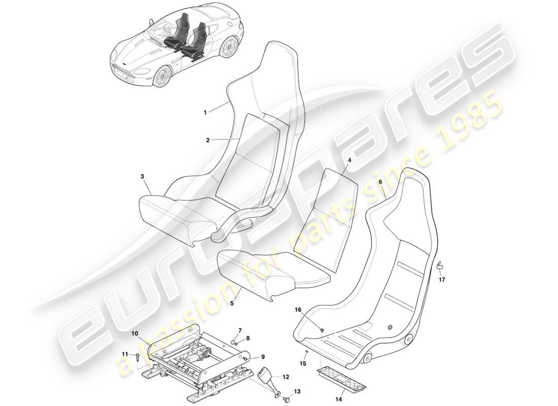 aston martin v8 vantage (2005) diagrama de piezas del asiento delantero liviano