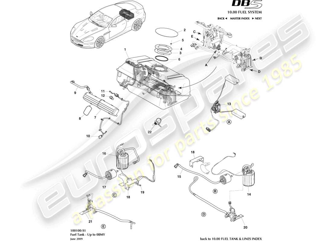 aston martin dbs (2009) conjunto del tanque de combustible, a 08my diagrama de piezas