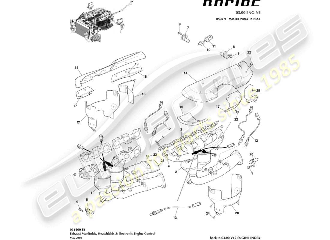 aston martin rapide (2014) colectores de escape diagrama de piezas
