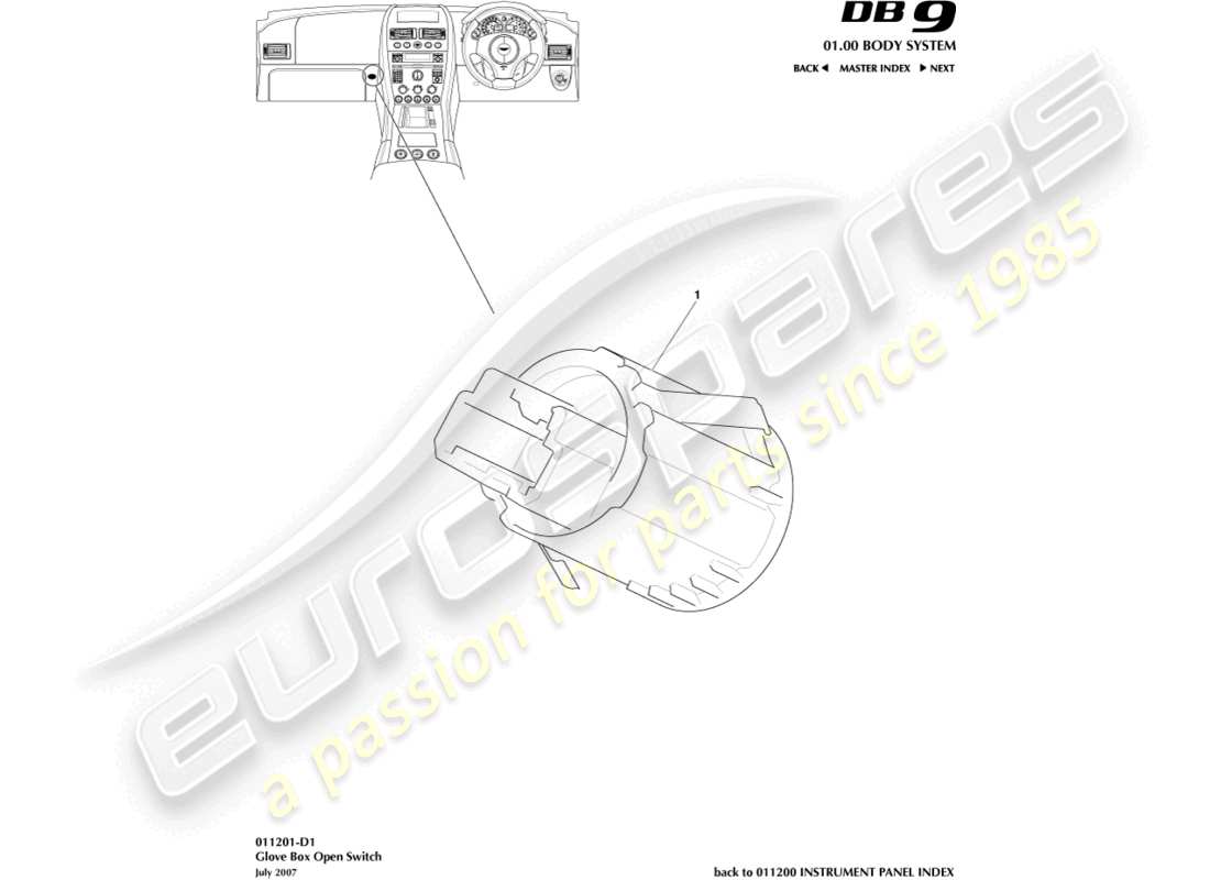 aston martin db9 (2012) interruptor de guantera diagrama de piezas