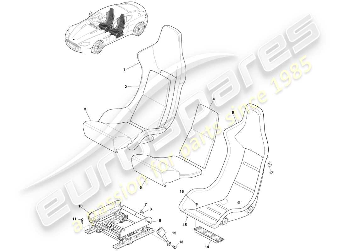 aston martin v8 vantage (2007) diagrama de piezas del asiento delantero liviano