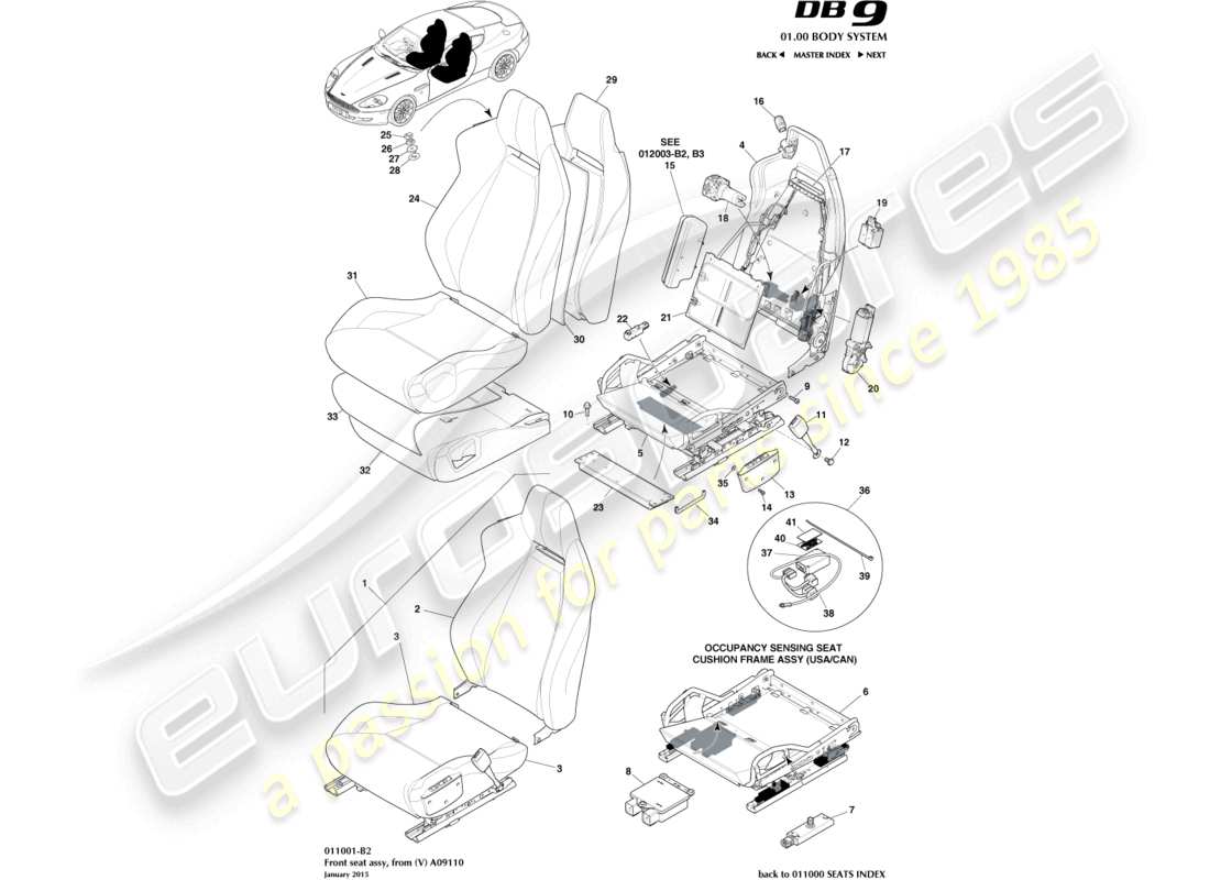 aston martin db9 (2012) asiento delantero desde (v) a09110 diagrama de piezas