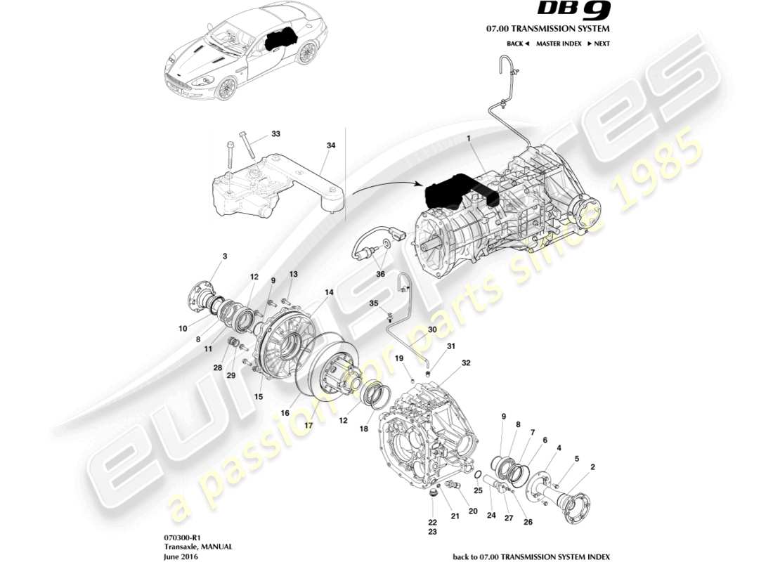 aston martin db9 (2009) transmisión, manual diagrama de piezas