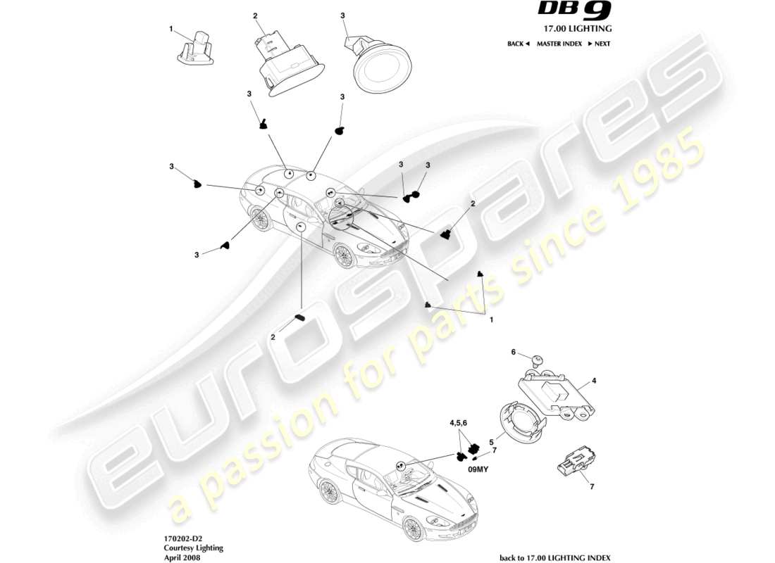 aston martin db9 (2008) diagrama de piezas de iluminación de cortesía