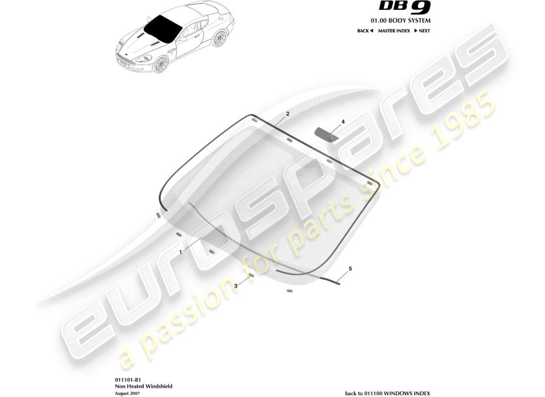 aston martin db9 (2008) diagrama de piezas del parabrisas sin calefacción