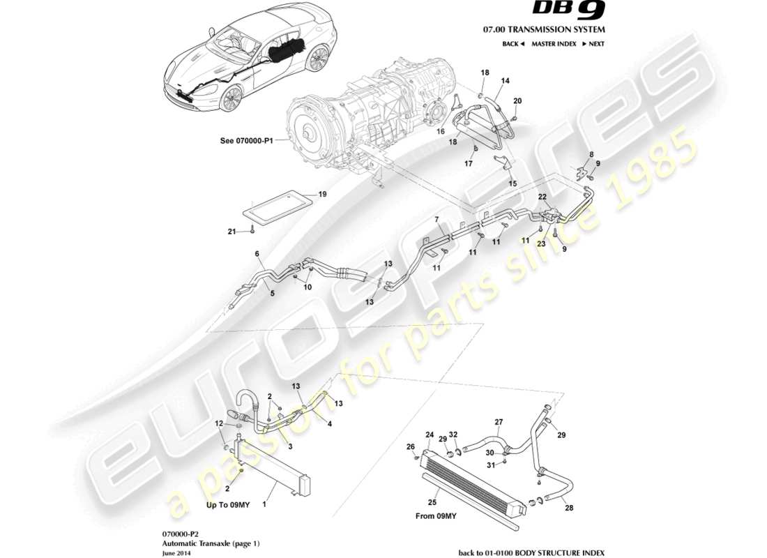 aston martin db9 (2004) enfriamiento del eje central, automático diagrama de piezas