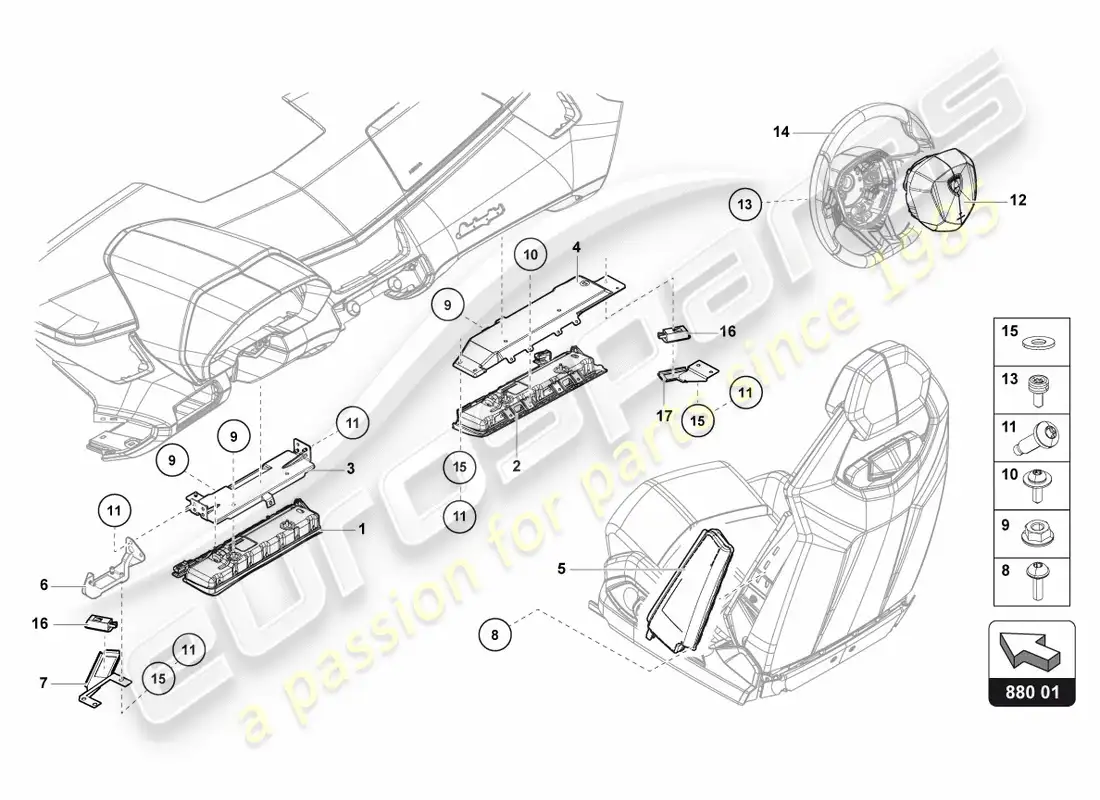 lamborghini centenario coupe (2017) diagrama de piezas de la unidad de airbag