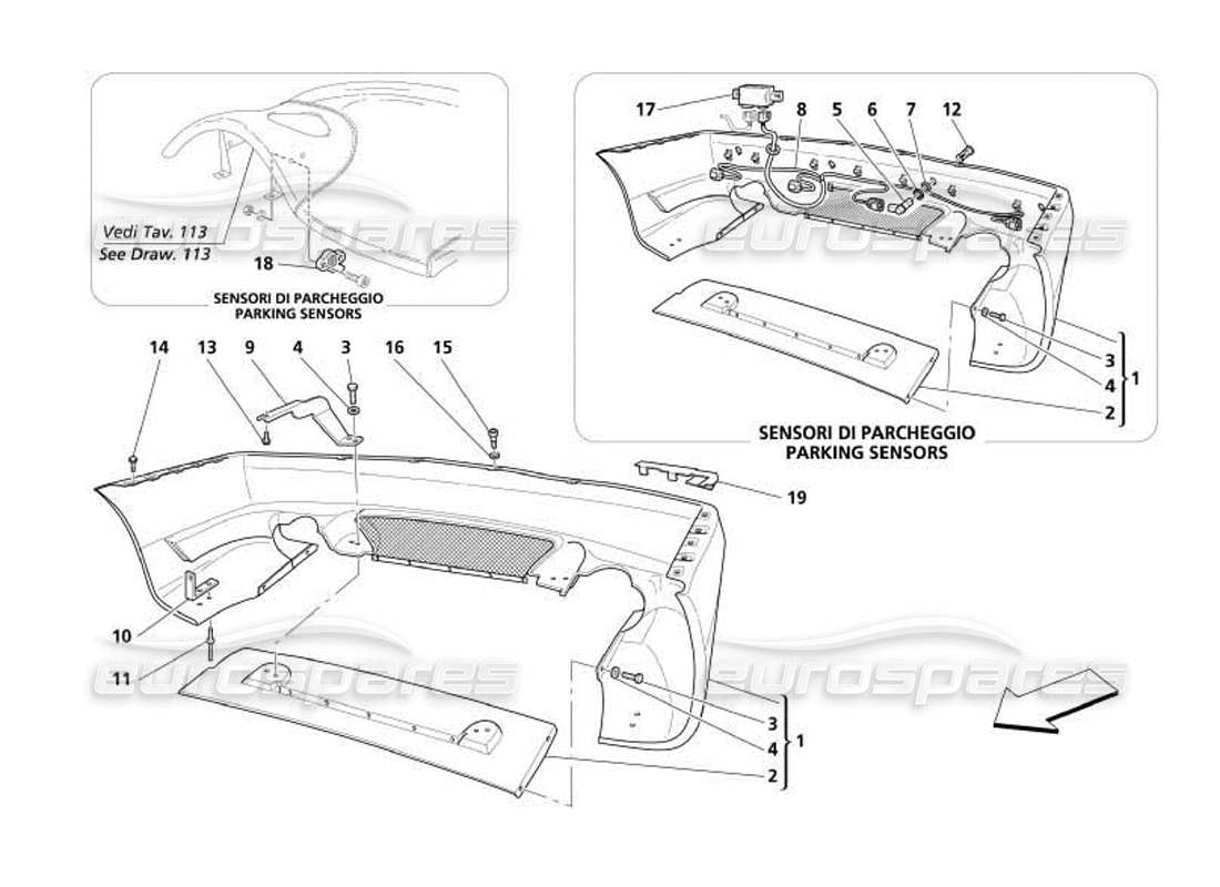 maserati 4200 coupe (2005) diagrama de piezas del parachoques trasero