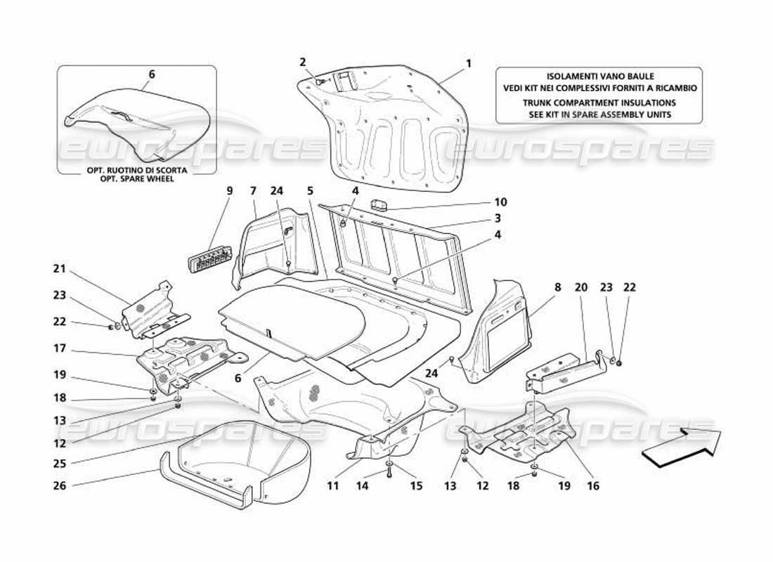 maserati 4200 coupe (2005) embellecedores del compartimento del capó del maletero: diagrama de piezas de protección contra la salud y entrada de aire
