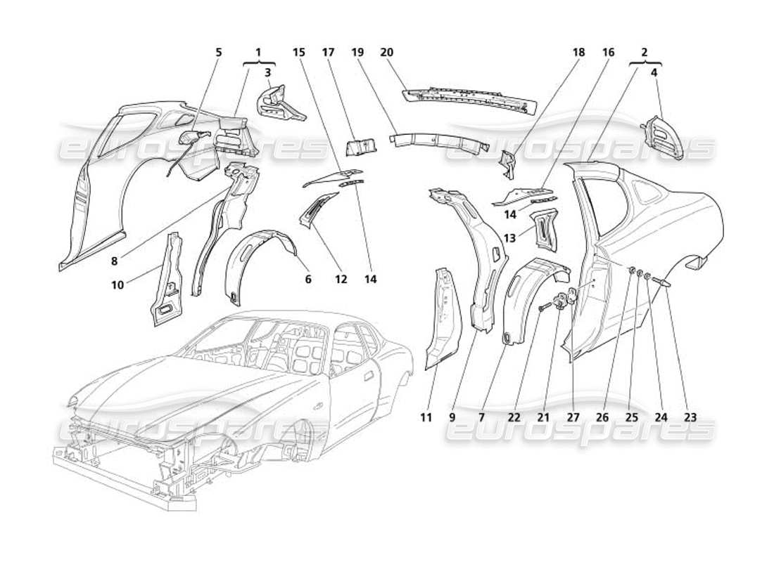 maserati 4200 coupe (2005) boby - diagrama de piezas de embellecedores exteriores traseros