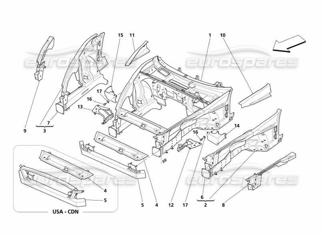 maserati 4200 coupe (2005) diagrama de piezas de la estructura frontal
