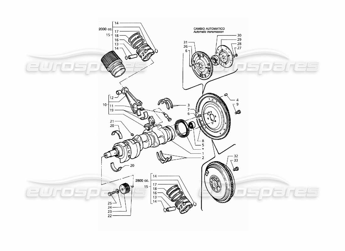 maserati qtp. 3.2 v8 (1999) diagrama de piezas del cigüeñal, pistones, bielas y volante