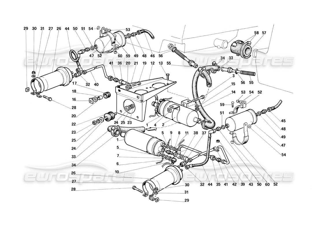 ferrari testarossa (1987) diagrama de piezas de bombas y tuberías de combustible