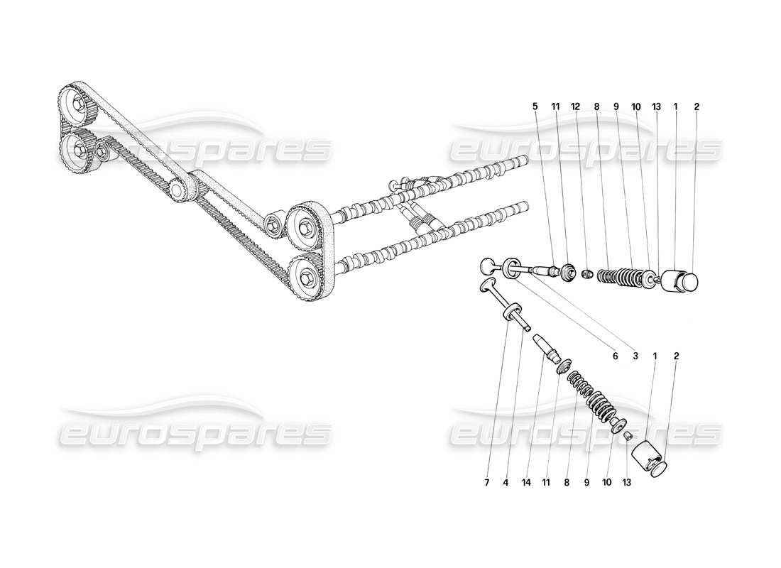 ferrari testarossa (1987) sistema de sincronización: diagrama de piezas de válvulas
