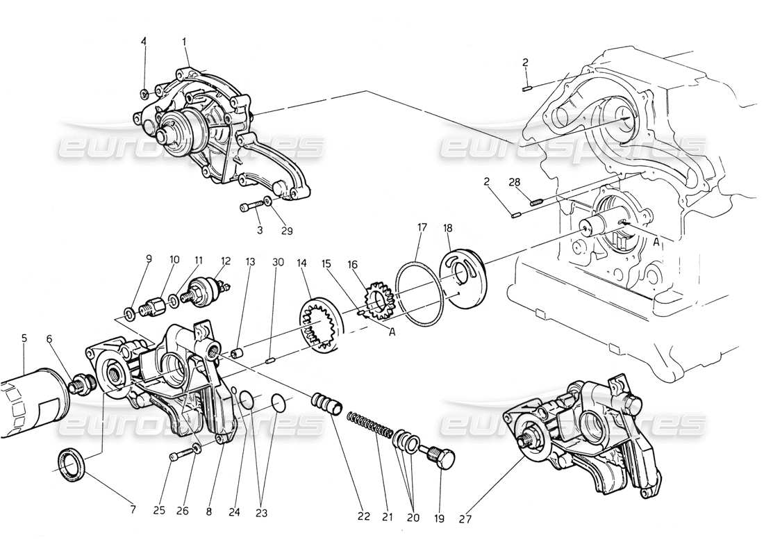 MASERATI BITURBO SPIDER BOMBA DE AGUA - DIAGRAMA DE PIEZAS DE LA BOMBA DE ACEITE maserati biturbo spider bomba de agua - diagrama de piezas de la bomba de aceite