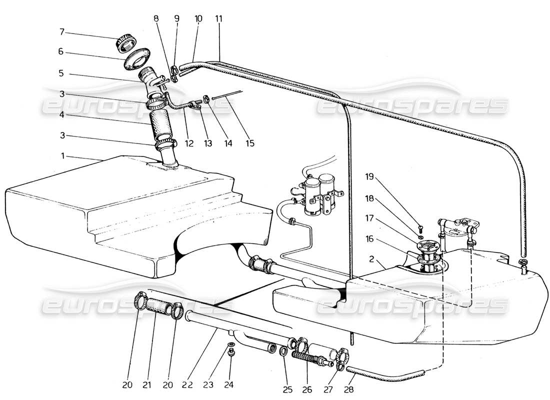 ferrari 365 gt4 2+2 (1973) diagrama de piezas de tuberías y tanques de combustible
