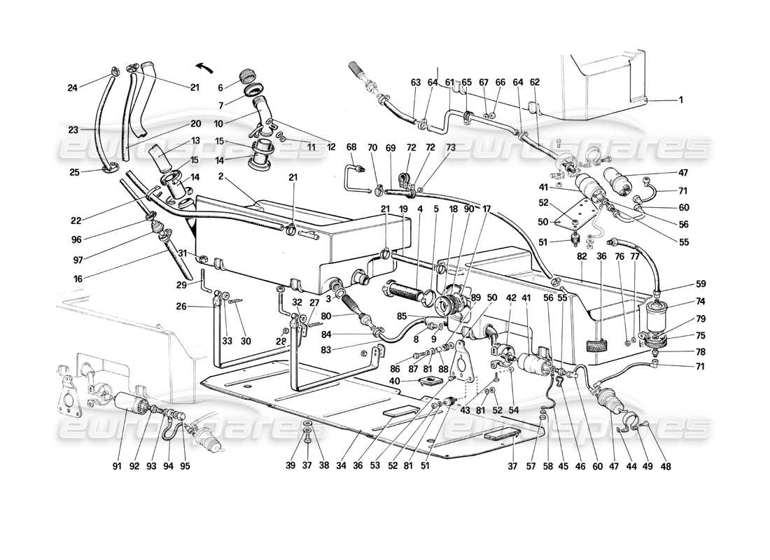 ferrari mondial 3.0 qv (1984) diagrama de piezas de la bomba de combustible y tuberías (quattrovalvole)