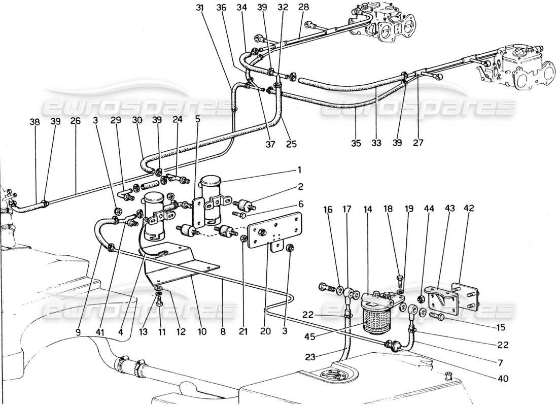 ferrari 365 gt4 2+2 (1973) diagrama de piezas de bombas y tuberías de combustible