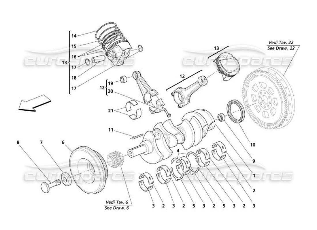 maserati 4200 gransport (2005) diagrama de piezas de bielas y pistones del cigüeñal
