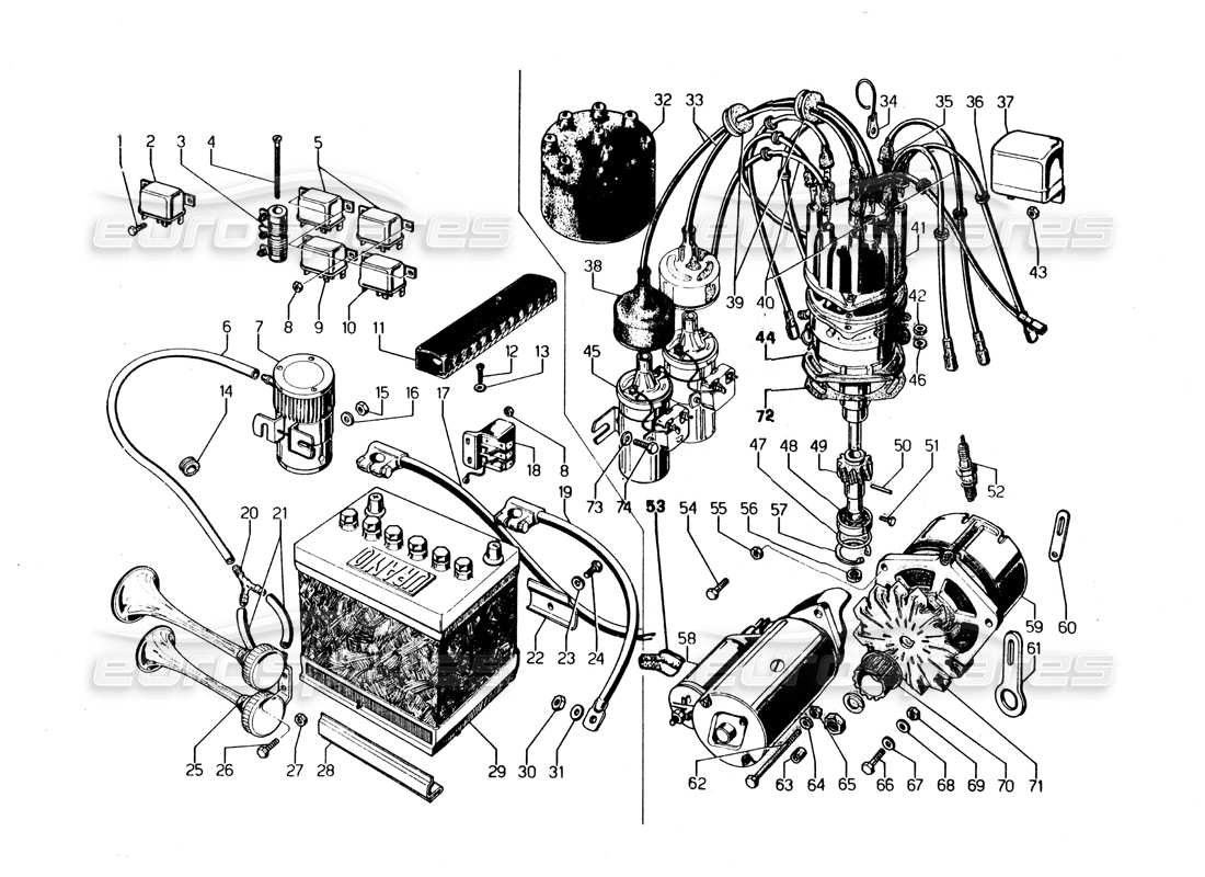 lamborghini urraco p250 / p250s diagrama de piezas del sistema eléctrico